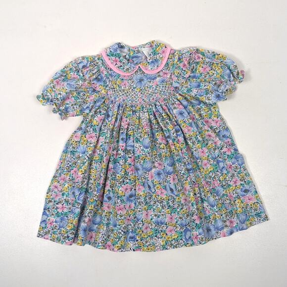 Vintage Jo Joe Dress Girls Size 3 Floral Smocked Party Peter Pan Collar - Picture 1 of 5